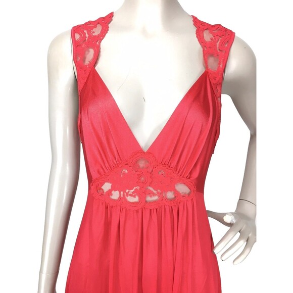 Vintage 70s Red Lace Trim Peignoir Sexy Lingerie Long Nightgown Medium USA - Picture 5 of 8